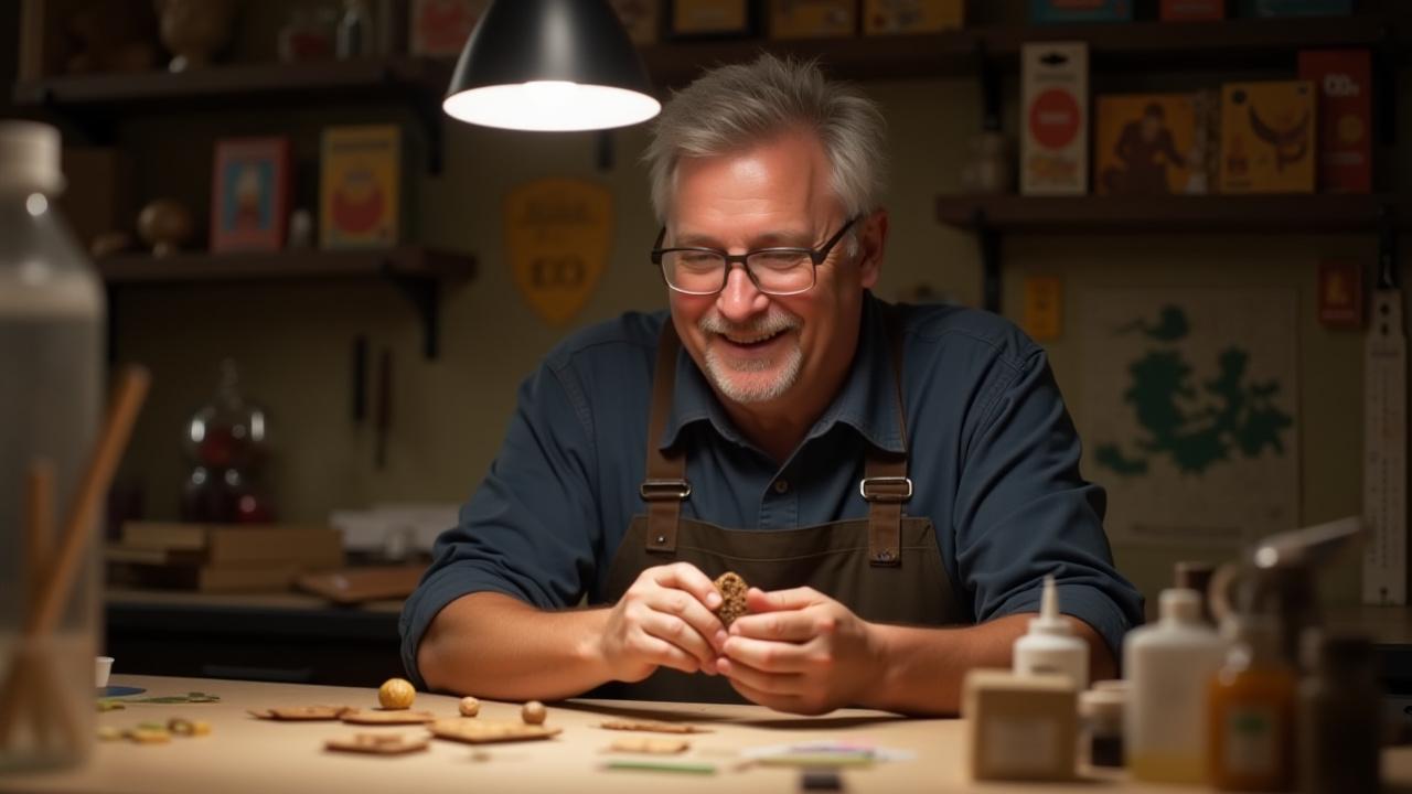 Charles Edward Kurowski at his workbench, looking thoughtfully at a board game component.