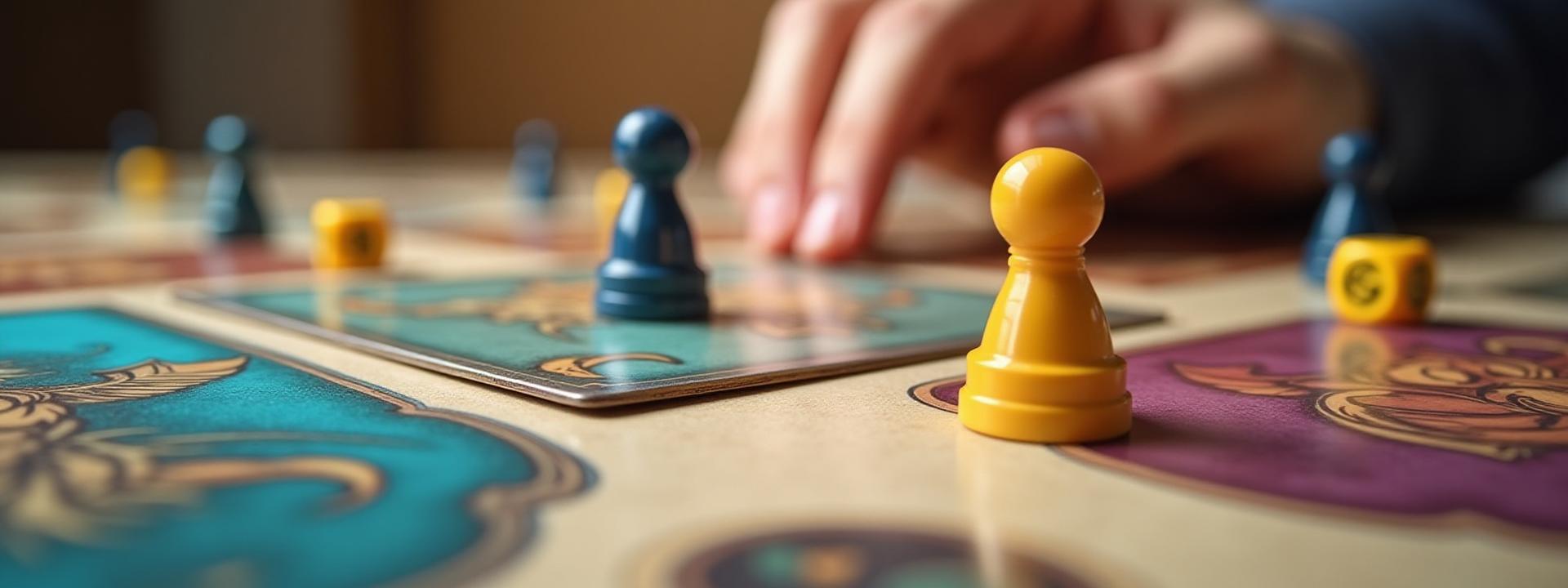 Collage of diverse board game components: dice on a wooden table, intricate game board, hand holding game cards, metal tokens reflecting light, representing various game styles. Blended together to show the breadth of design.