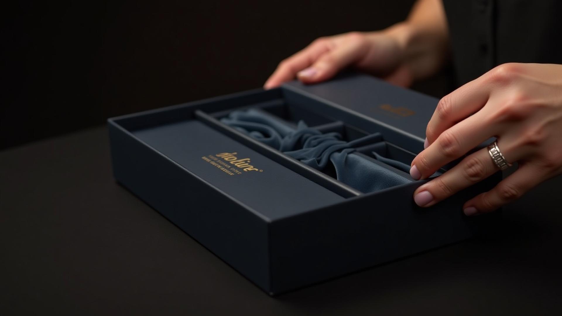 Close-up shot of hands elegantly opening a luxurious custom gift box with foil details and custom inserts, revealing a hidden treasure.
