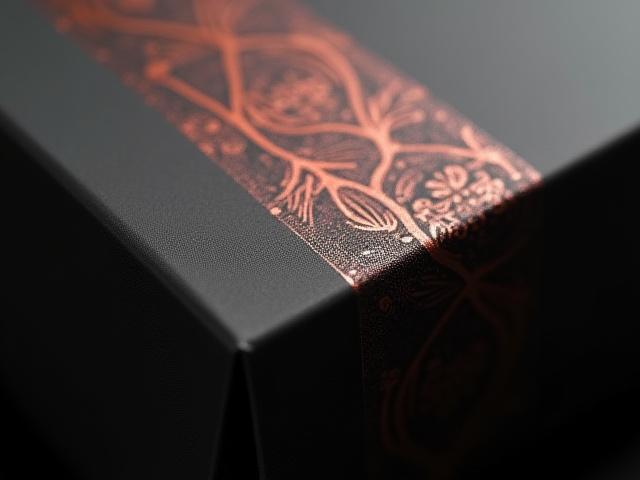 A close-up shot highlighting the intricate detail of spot UV varnish on a custom gift box, showing texture and sheen.