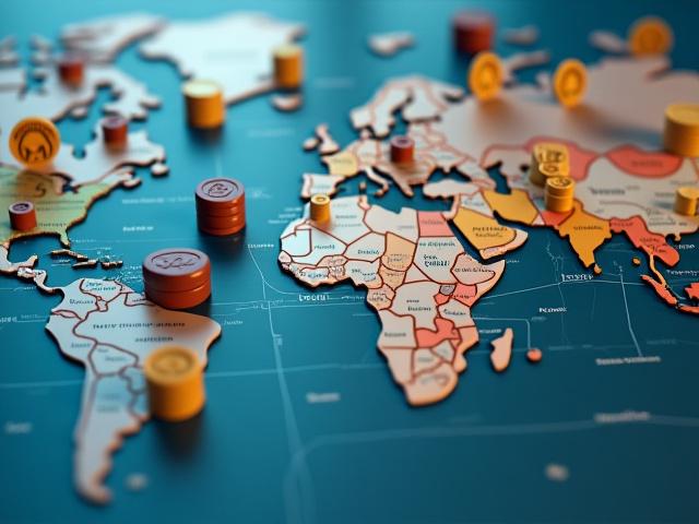 Concept art of an economics board game with trade routes, resource tokens, and market price indicators