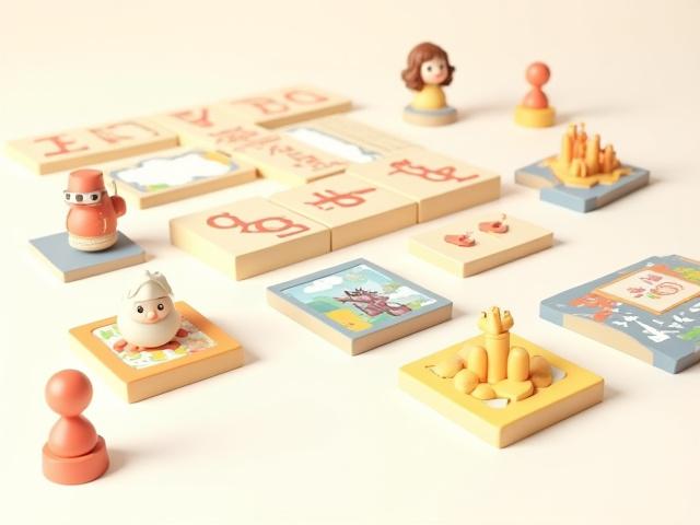 Concept art of a language arts board game with word tiles, story prompt cards, and character pieces