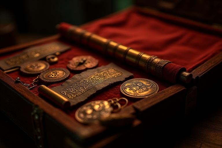 An open ornate wooden box revealing intricate metal tokens, leather-bound cards, and a velvet interior - components of 'The Alchemist's Folio' luxury puzzle box game.