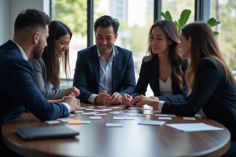 A team of corporate professionals smiling and collaborating around a custom-designed board game focused on strategy and communication, set in a modern office.