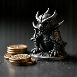 Close-up of a meticulously sculpted metal miniature and gleaming metal coins, showcasing high-fidelity detail and a rich, metallic sheen.