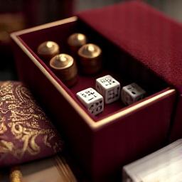 Velvet-lined box insert cradling game components, alongside an embroidered dice bag and linen-finish game cards, emphasizing luxurious texture.
