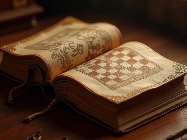 A game box resembling a beautifully bound, antique leather book with intricate gold tooling, representing a literary theme.