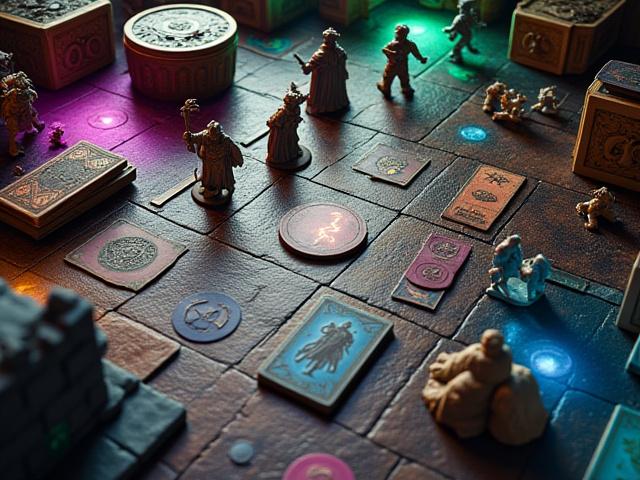 Board game components for an RPG dungeon crawler, showing character standees, detailed item cards, and modular dungeon tiles