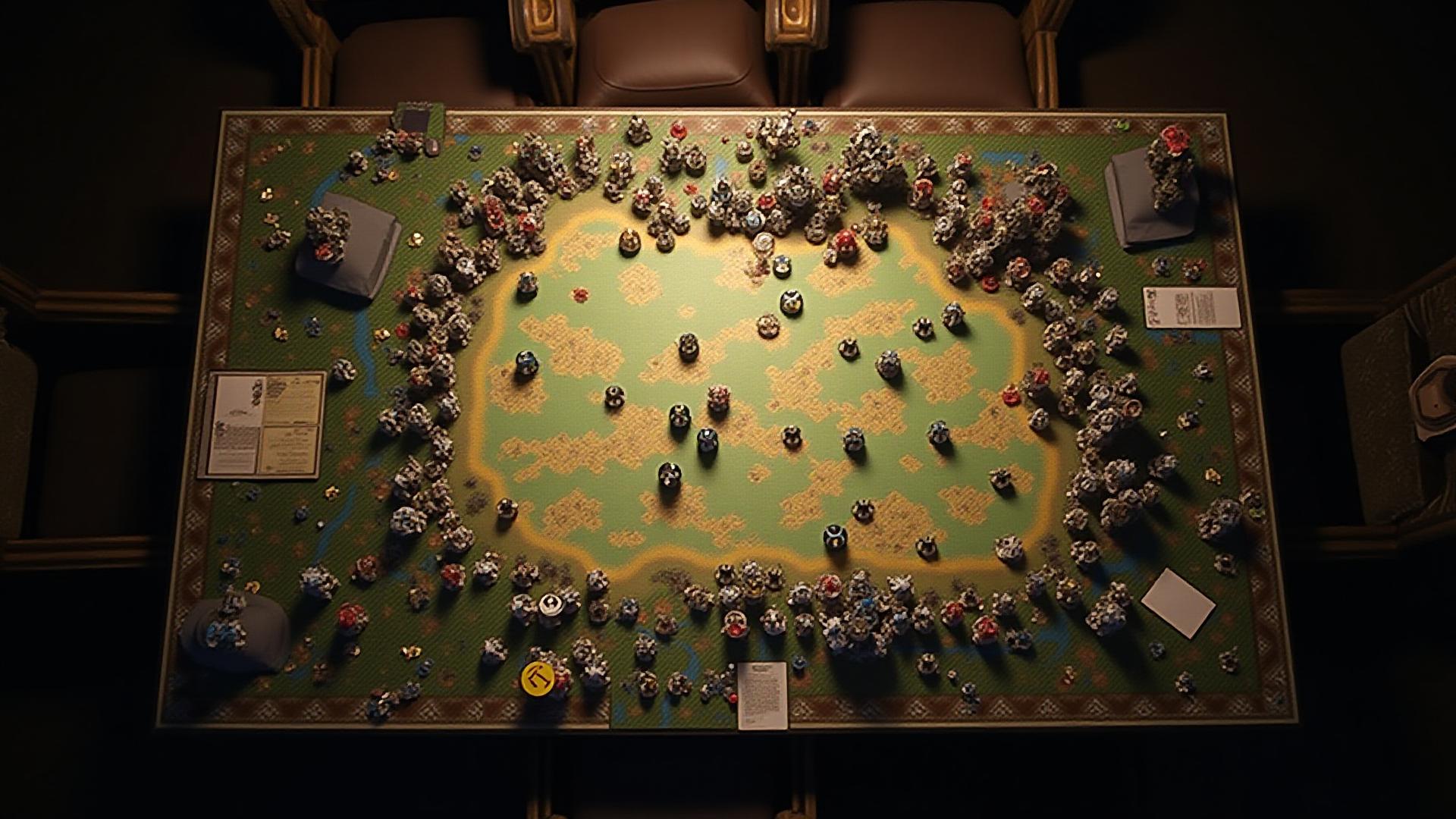 Overhead view of a complex miniature wargame tabletop in progress, filled with detailed miniatures, hex maps, and game components